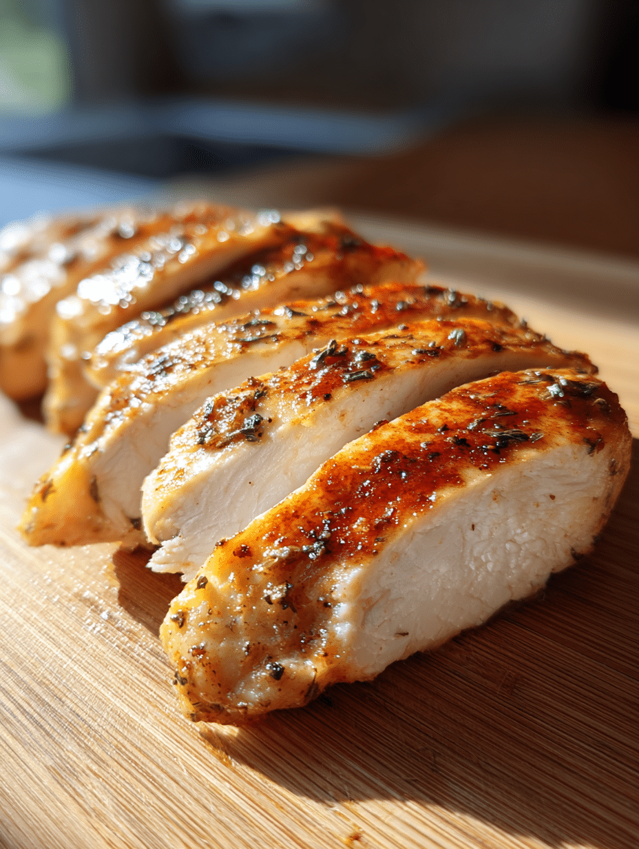 Air fryer chicken breasts juicy cooked chicken with golden edges on wooden table