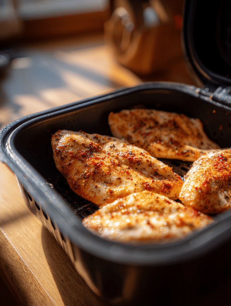 Air fryer chicken breasts preparation placing seasoned chicken into air fryer basket