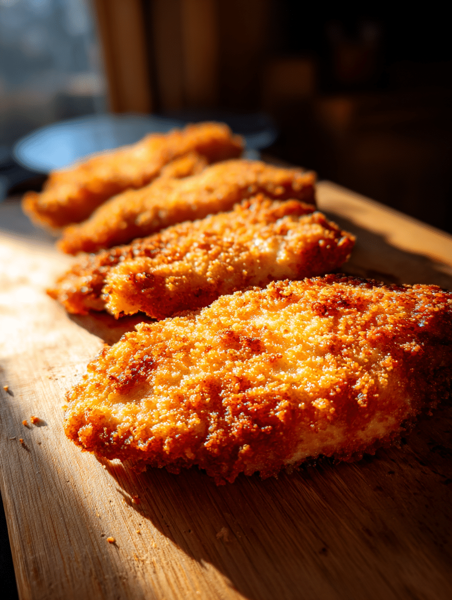 Air fryer fried chicken breast crispy golden breaded chicken with crunchy coating on wooden table