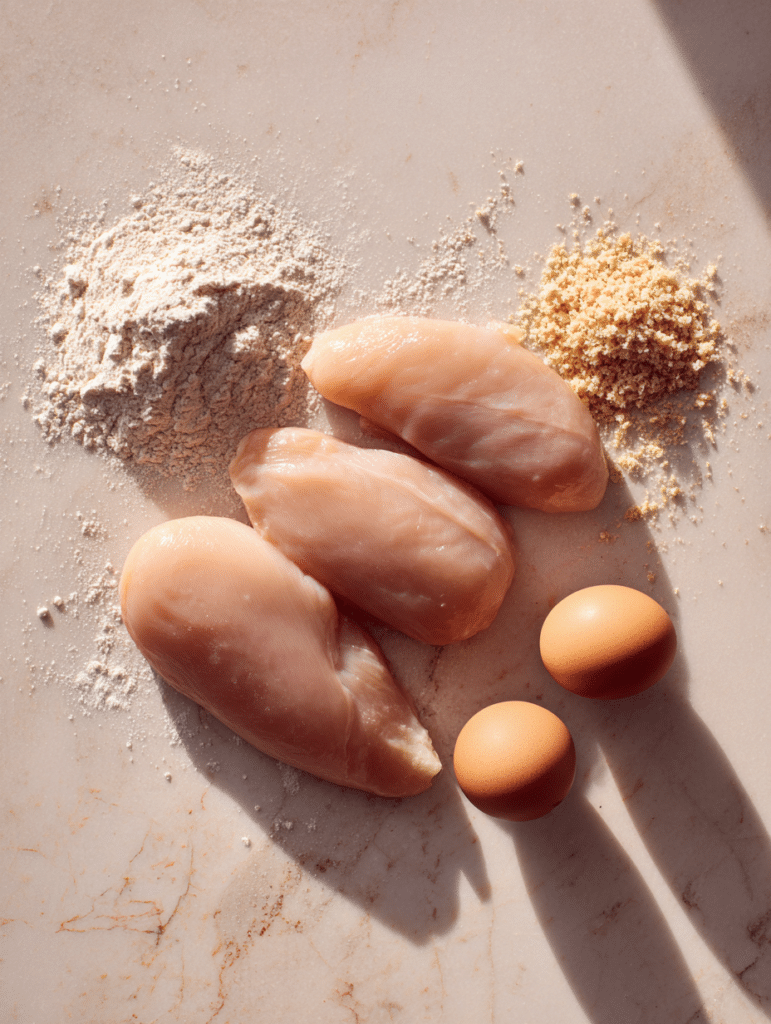 Air fryer fried chicken breast ingredients including chicken flour eggs breadcrumbs and seasoning on marble surface