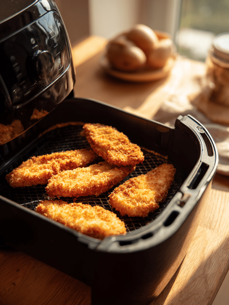 Air fryer fried chicken breast preparation placing breaded chicken into air fryer basket