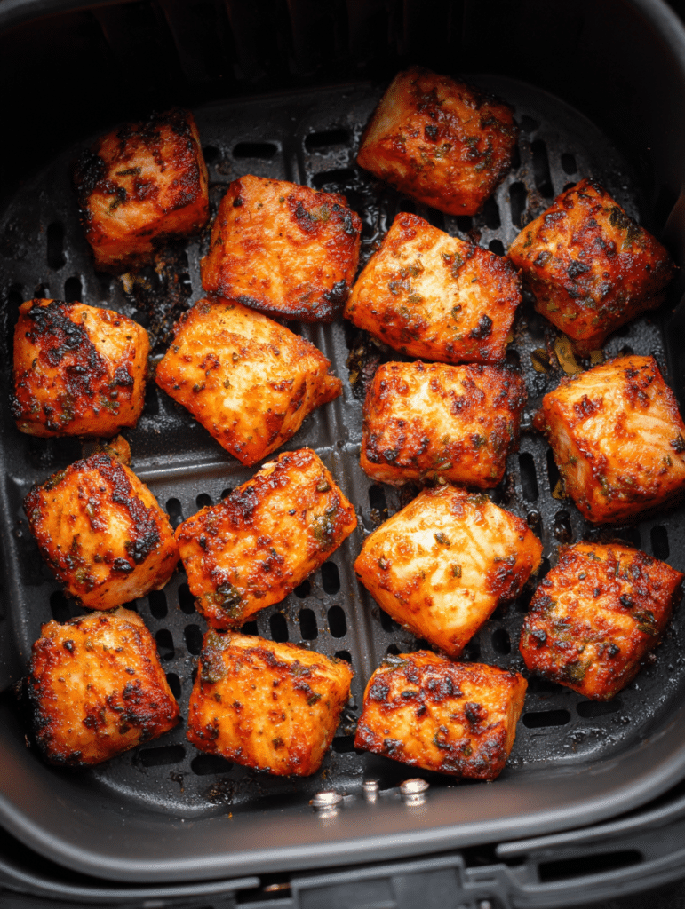 air fryer salmon bites cooking in basket