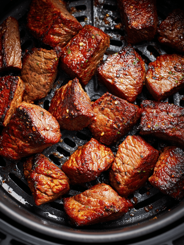 steak tips cooking in air fryer basket