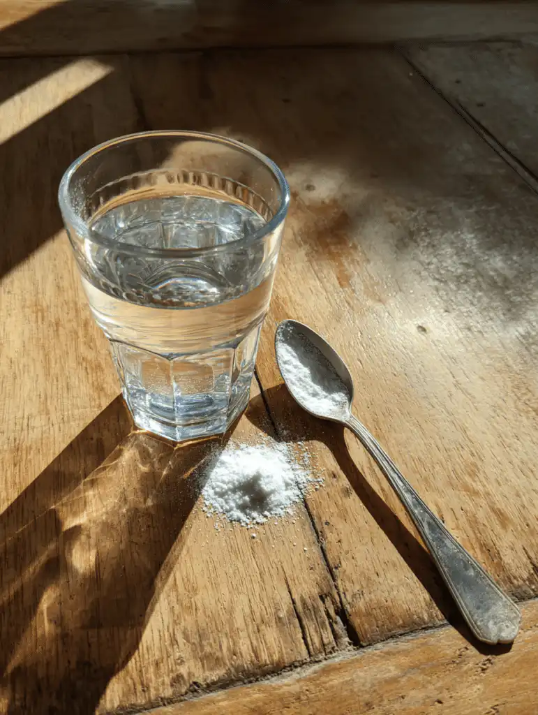 baking soda trick for men in a glass of water with spoon on kitchen table showing simple natural mixture
