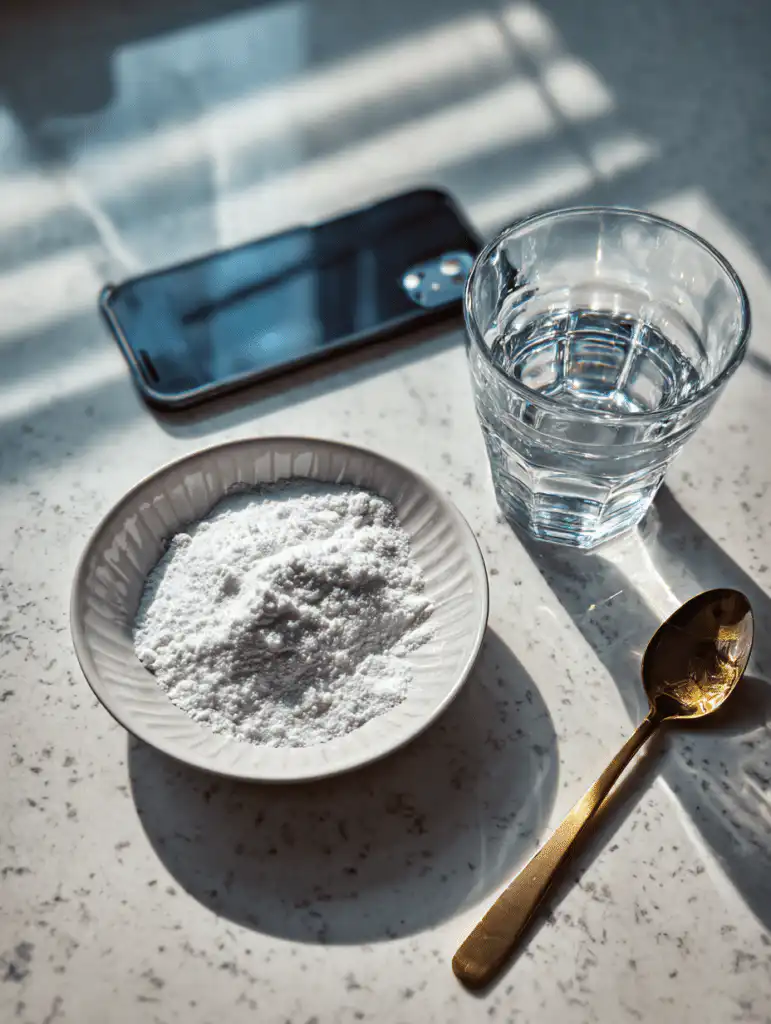 baking soda trick for men ingredients including baking soda water and spoon arranged neatly