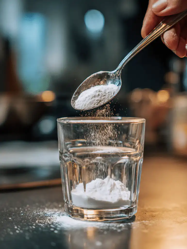 baking soda trick for men step showing stirring baking soda into water in glass