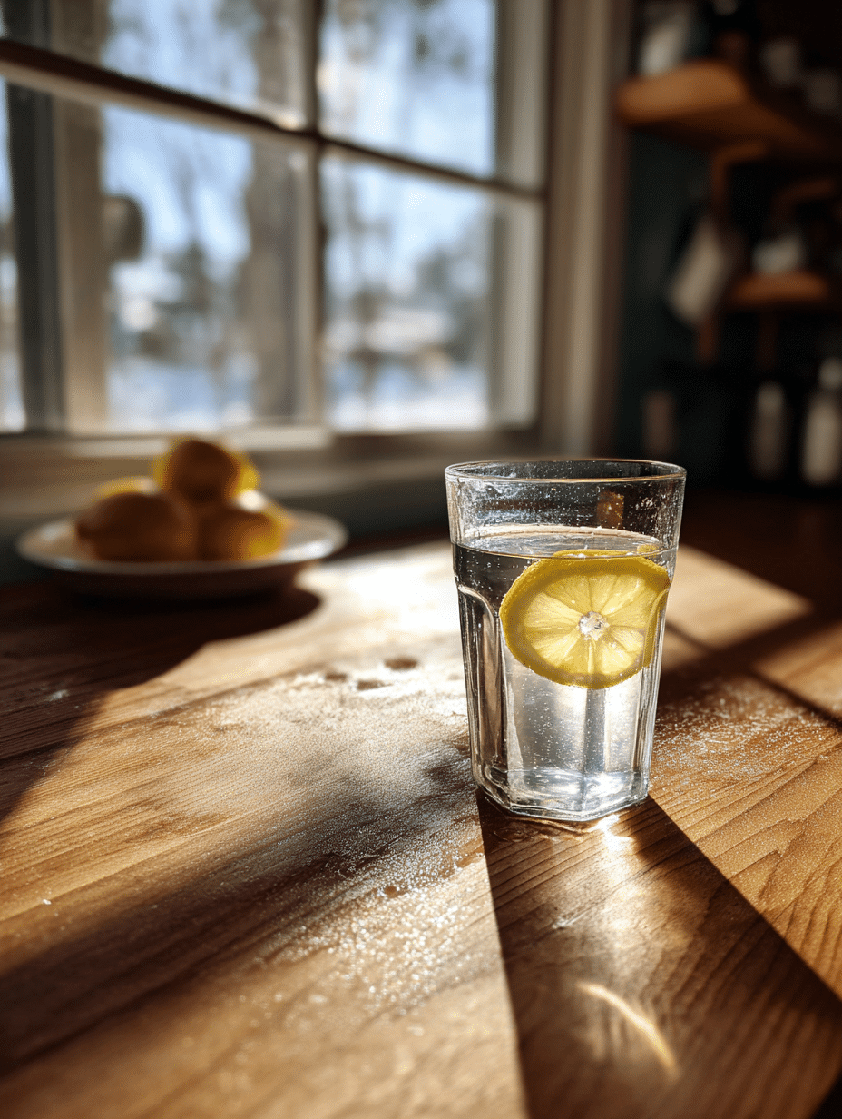 baking soda weight loss recipe drink in a clear glass with lemon on a wooden kitchen counter