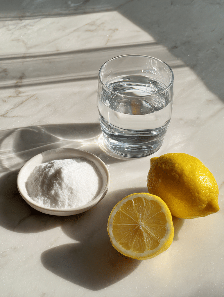 baking soda weight loss recipe ingredients including baking soda lemon and water on marble surface