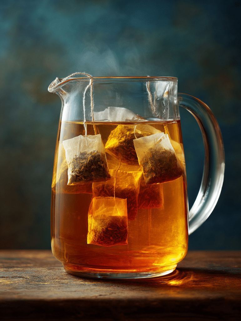 brewing tea for lemon iced tea in glass pitcher