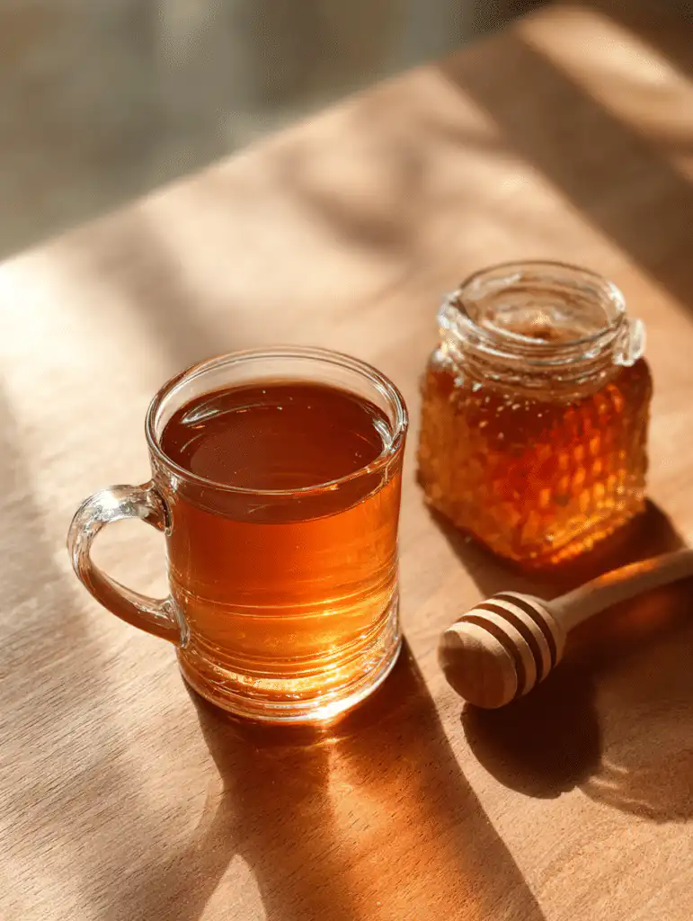 Canaan honey trick for eyesight warm honey drink in a glass with raw honey jar on wooden table