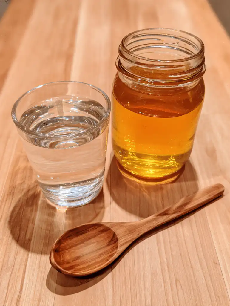 Canaan honey trick for eyesight ingredients including raw honey warm water and spoon on a clean surface