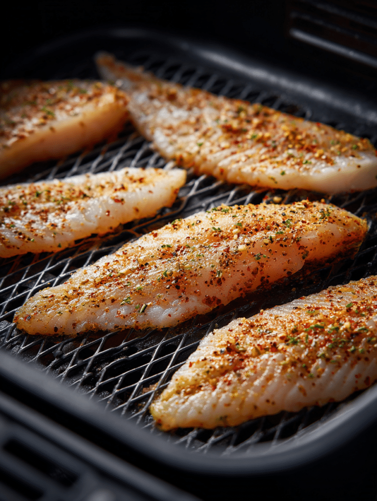 placing catfish in air fryer basket before cooking