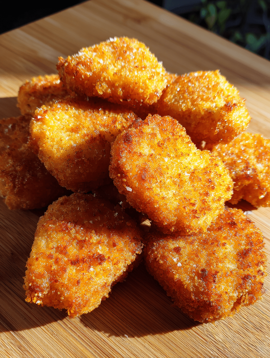 Chicken nuggets in air fryer crispy golden nuggets with crunchy coating on wooden table