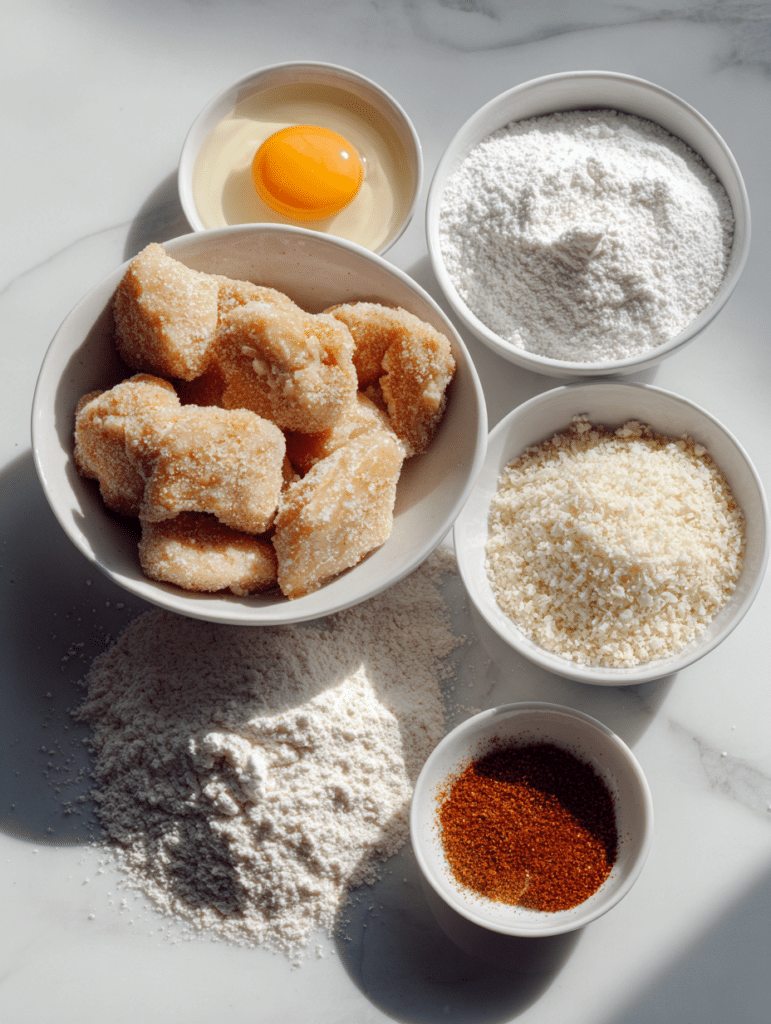 Chicken nuggets in air fryer ingredients including chicken flour eggs panko breadcrumbs and seasoning on marble surface