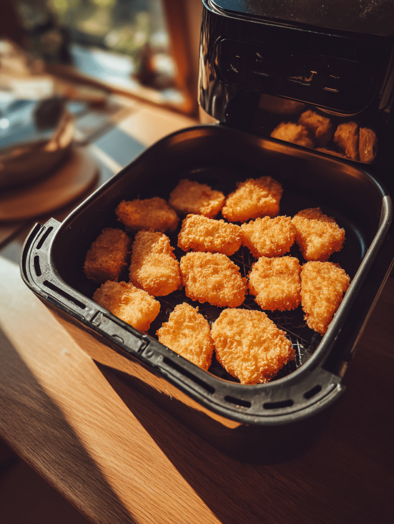 Chicken nuggets in air fryer preparation placing breaded nuggets into air fryer basket