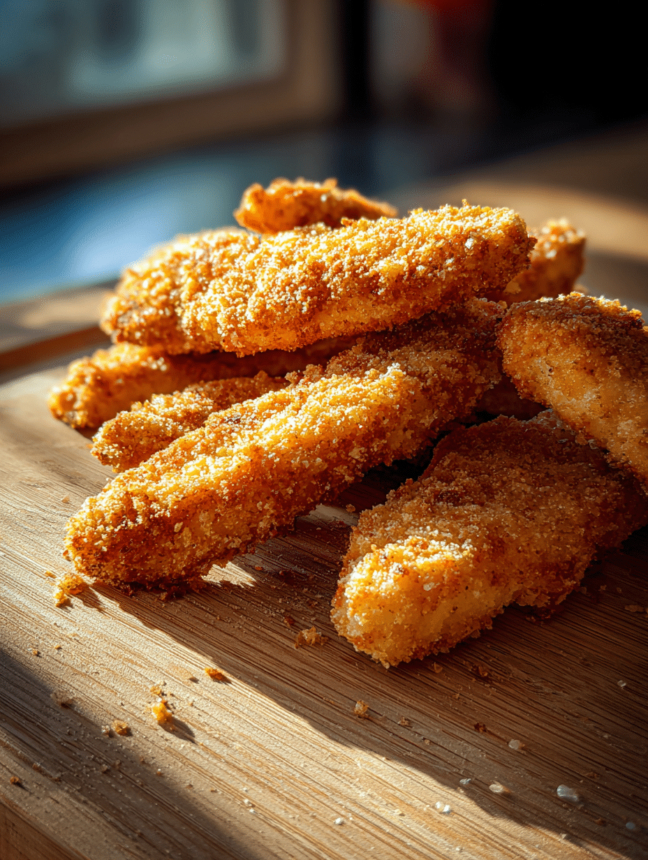 Chicken strips in air fryer crispy golden chicken strips with crunchy coating on wooden table