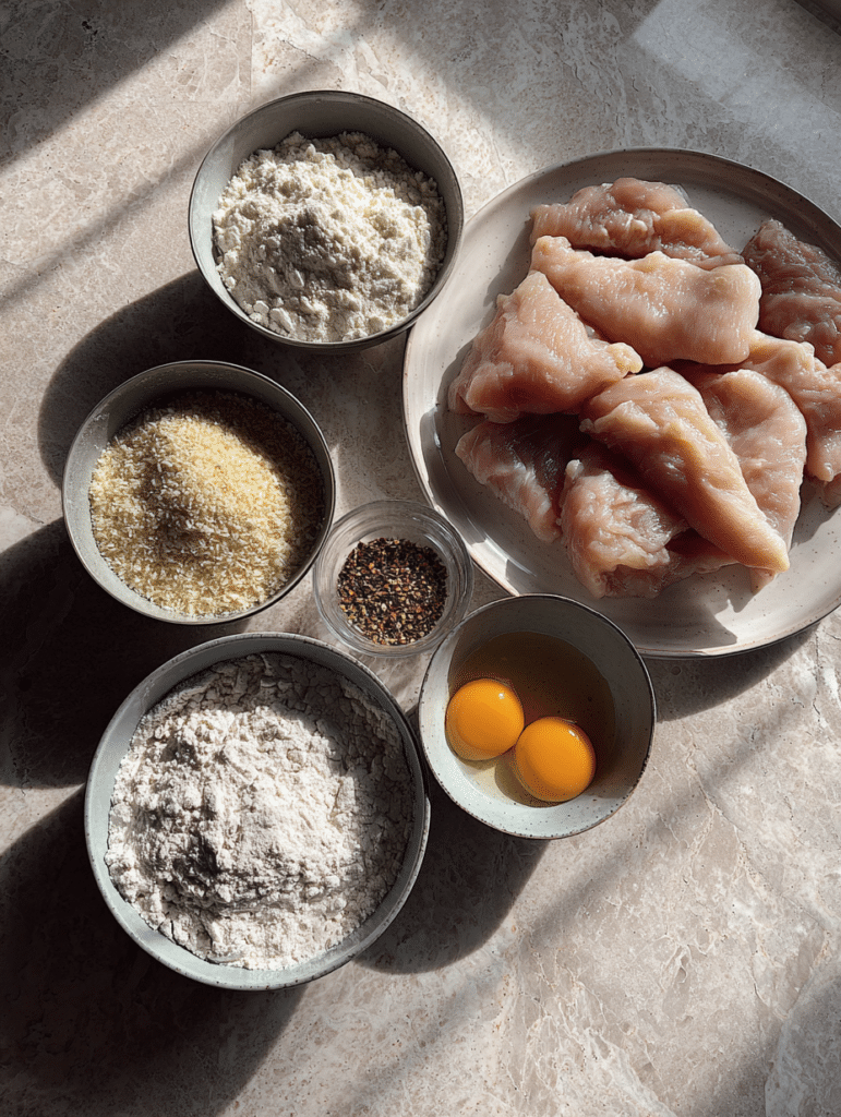 Chicken strips in air fryer ingredients including chicken flour eggs breadcrumbs and seasoning on marble surface