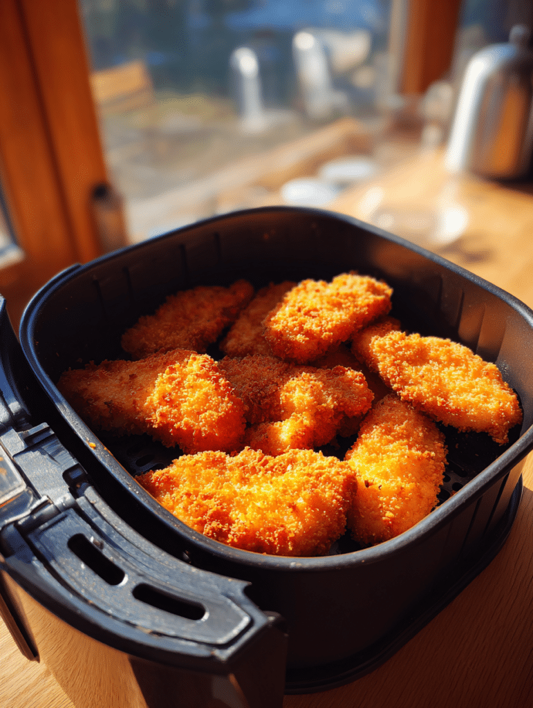 Chicken strips in air fryer preparation placing breaded chicken into air fryer basket