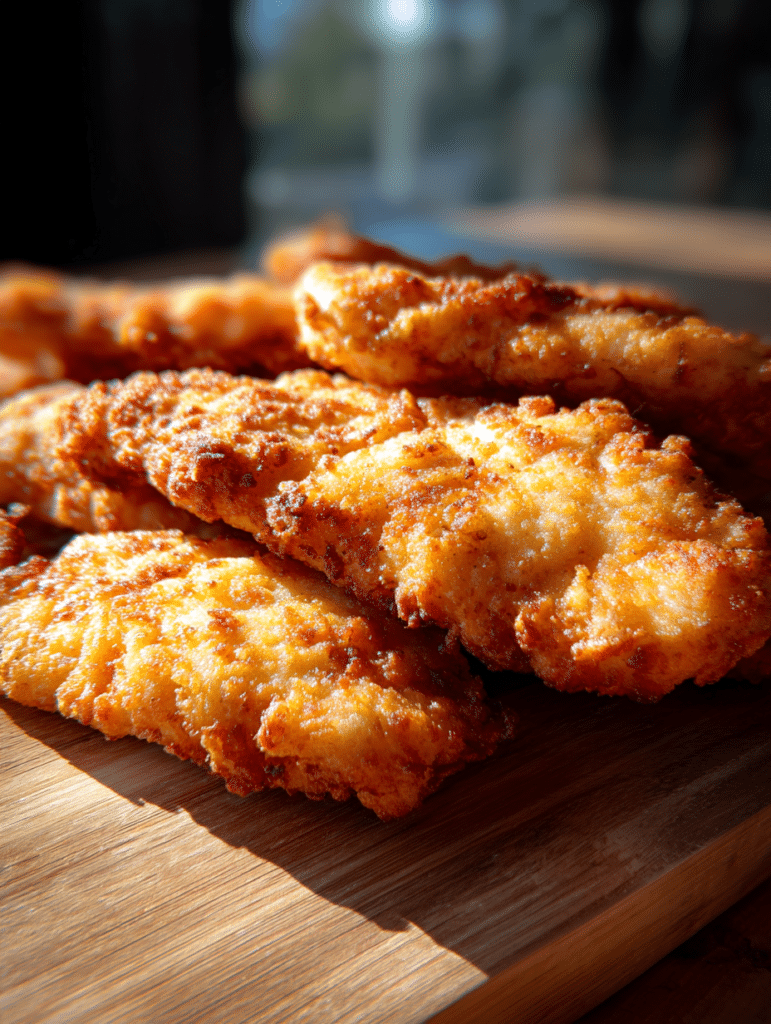 Chicken tenderloins air fryer juicy golden chicken strips with lightly crisp edges on wooden table