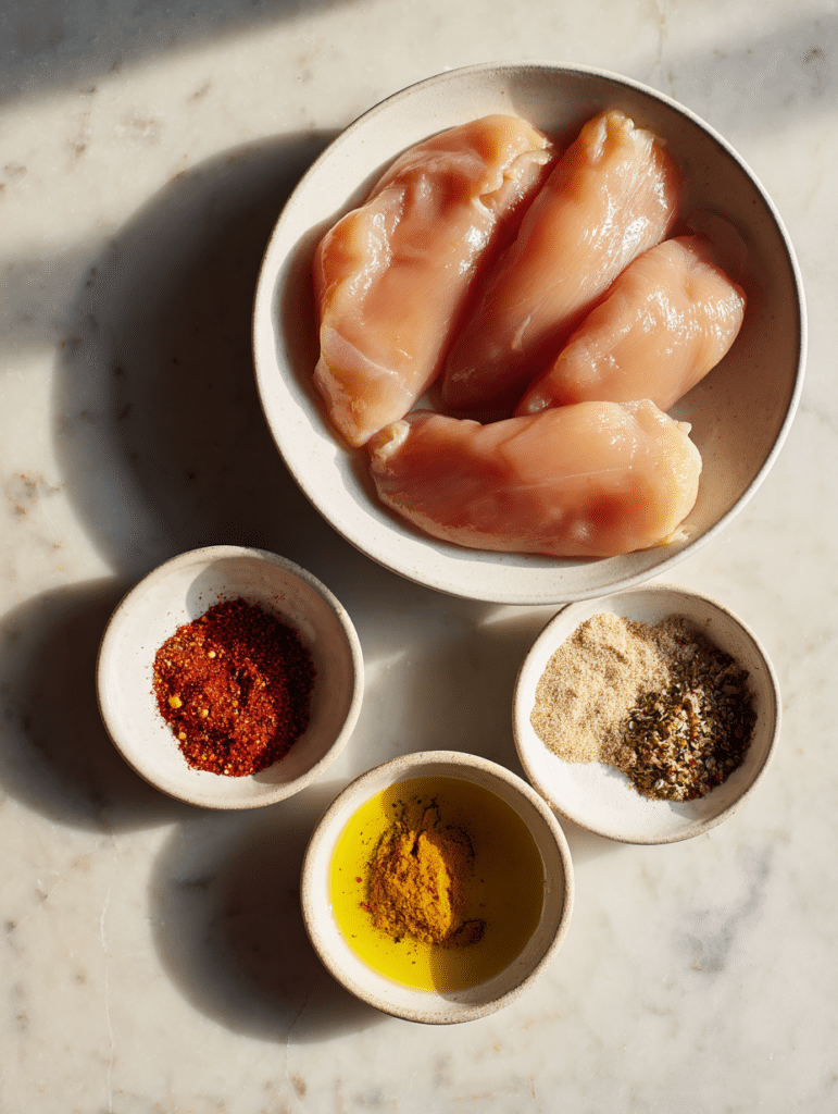 Chicken tenderloins air fryer ingredients including chicken olive oil salt pepper garlic powder and paprika on marble surface