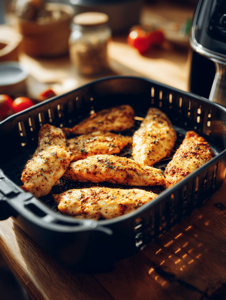 Chicken tenderloins air fryer preparation placing seasoned chicken into air fryer basket