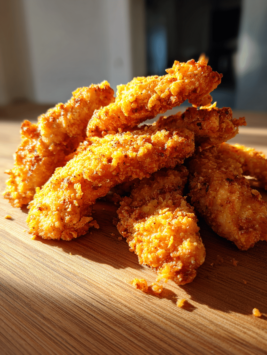 Chicken tenders in the air fryer crispy golden chicken strips with crunchy coating on wooden table