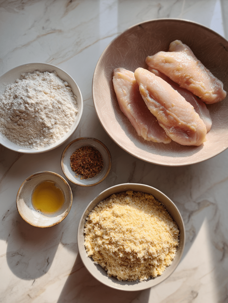 Chicken tenders in the air fryer ingredients including chicken flour eggs breadcrumbs and seasoning on marble surface