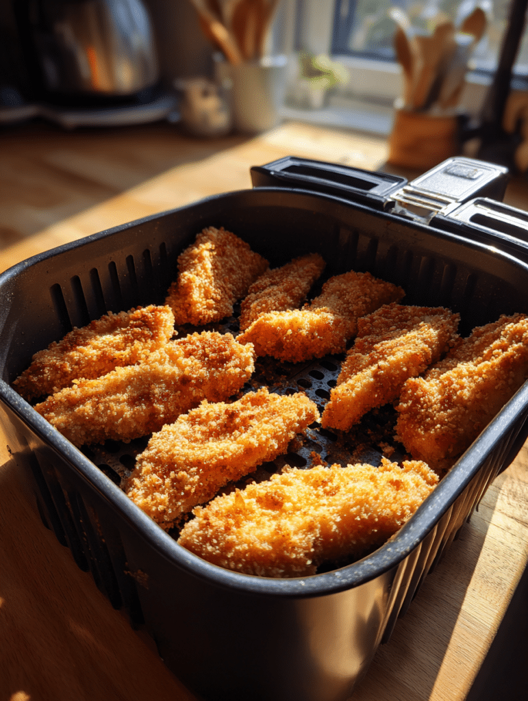 Chicken tenders in the air fryer preparation placing breaded chicken into air fryer basket
