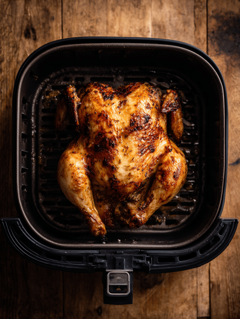 cooking air fryer whole chicken inside basket