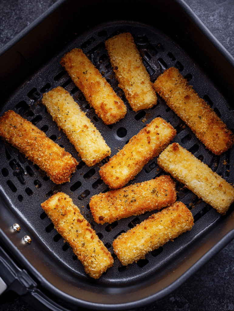 fish sticks cooking in air fryer basket