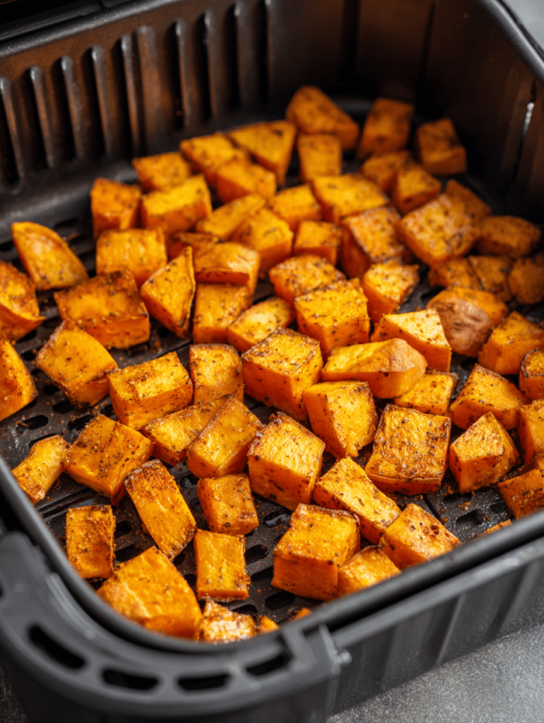 sweet potatoes cooking in air fryer basket