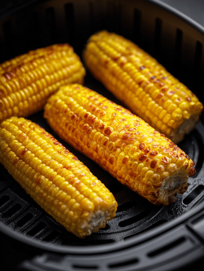 corn on the cob in air fryer cooking inside basket
