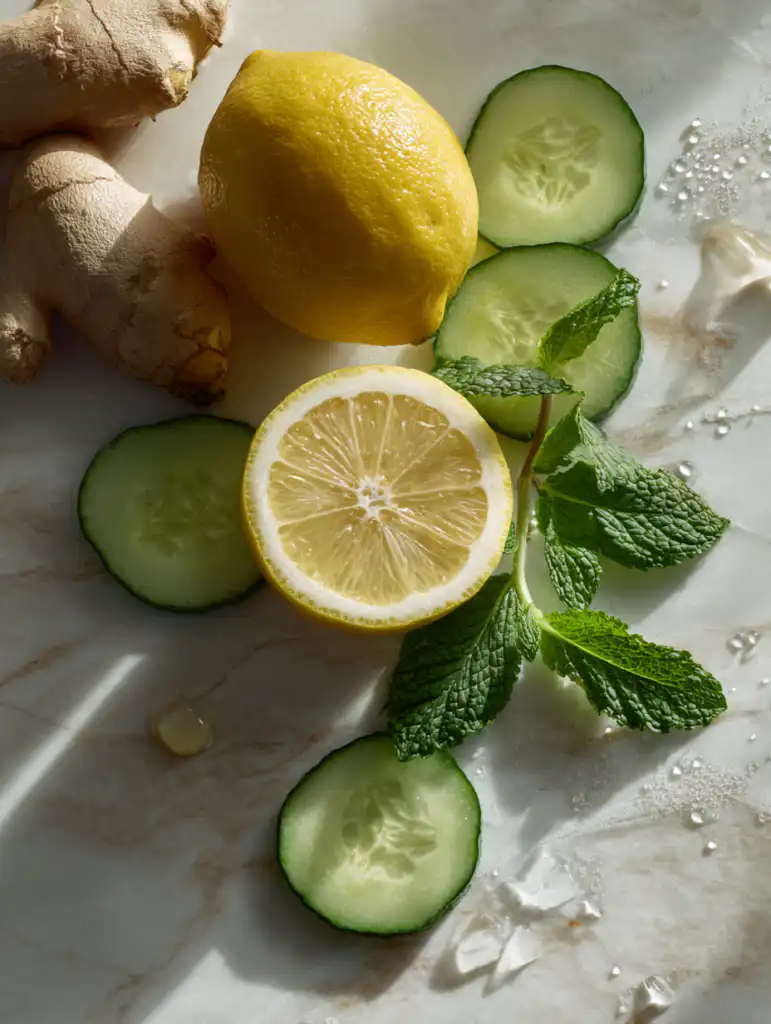 Detox drinks for weight loss ingredients including lemon cucumber ginger and mint on marble surface