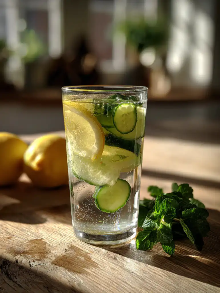 Detox drinks for weight loss refreshing lemon cucumber water in a glass with mint on wooden table
