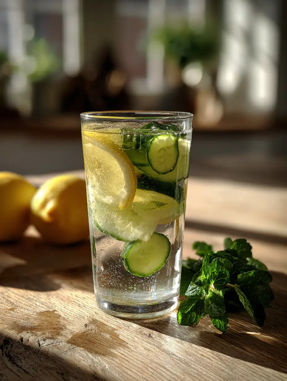 Detox drinks for weight loss refreshing lemon cucumber water in a glass with mint on wooden table