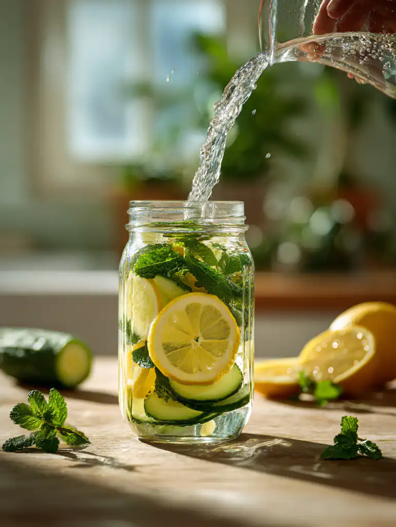 Detox drinks for weight loss preparation pouring water into jar with lemon cucumber and mint