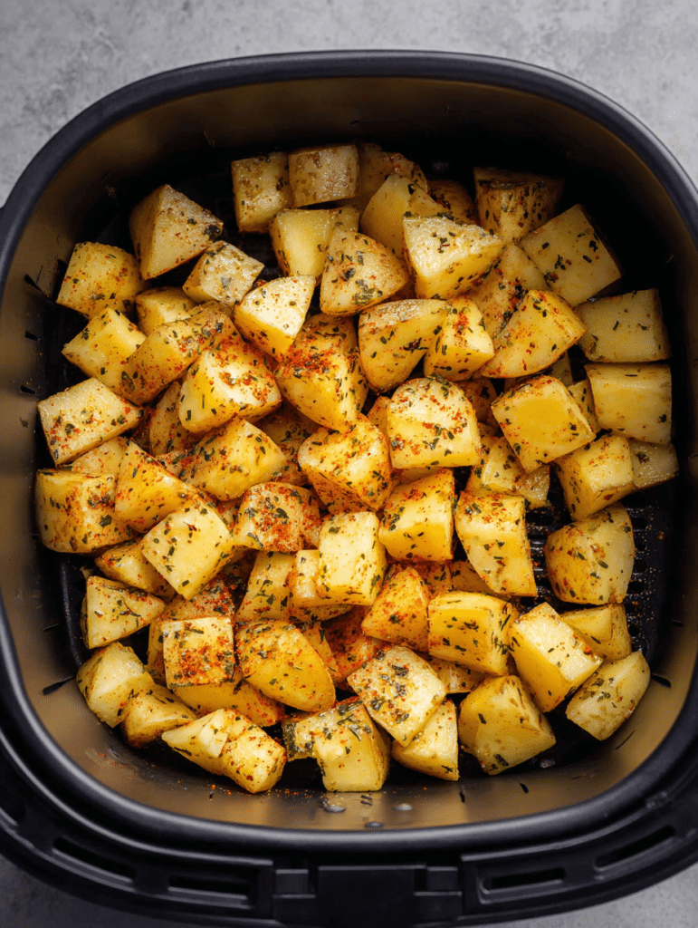 diced potatoes in air fryer basket before cooking