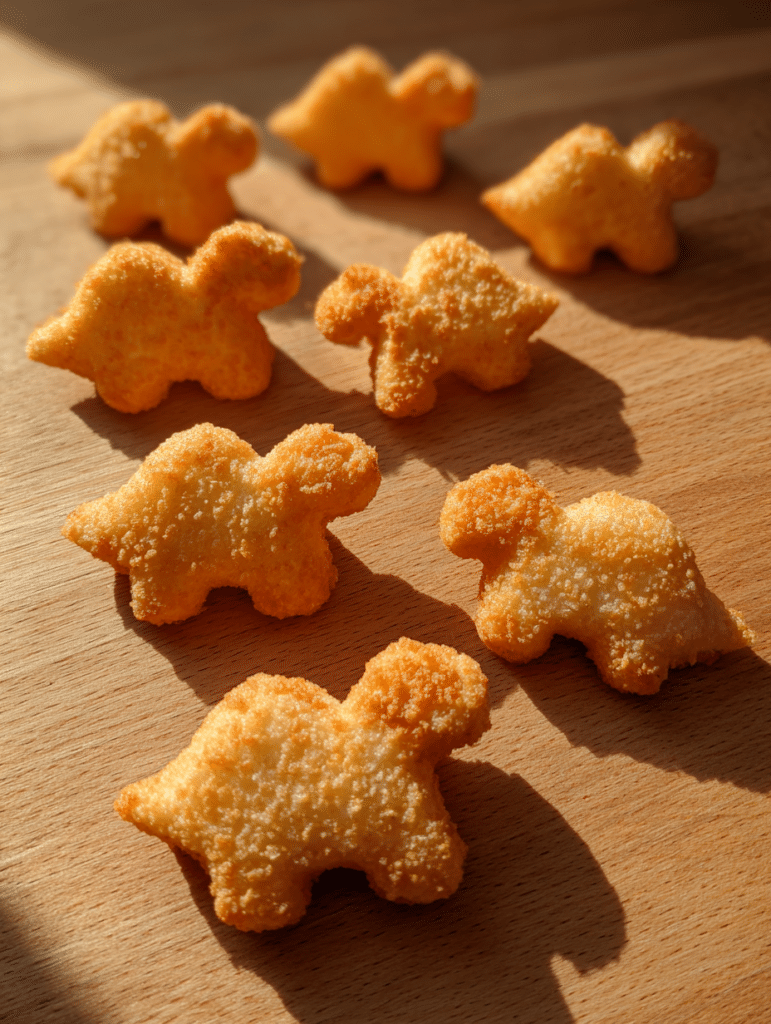 Dino nuggets air fryer crispy golden dinosaur chicken nuggets with crunchy coating on wooden table