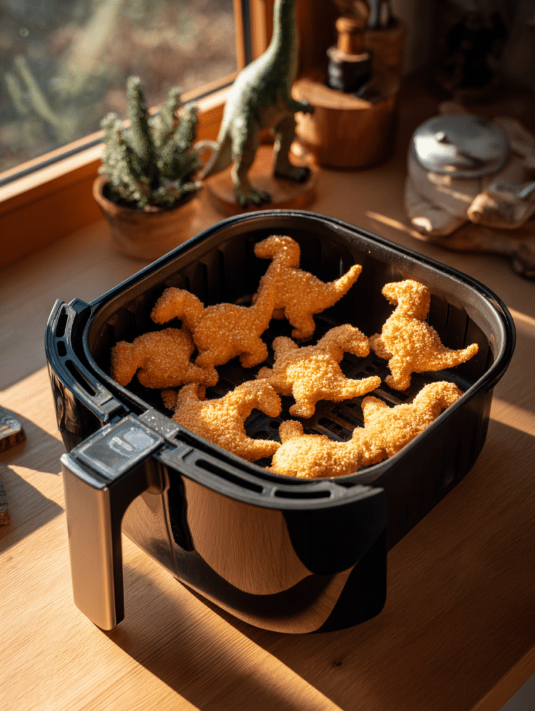 Dino nuggets air fryer preparation placing frozen nuggets into air fryer basket