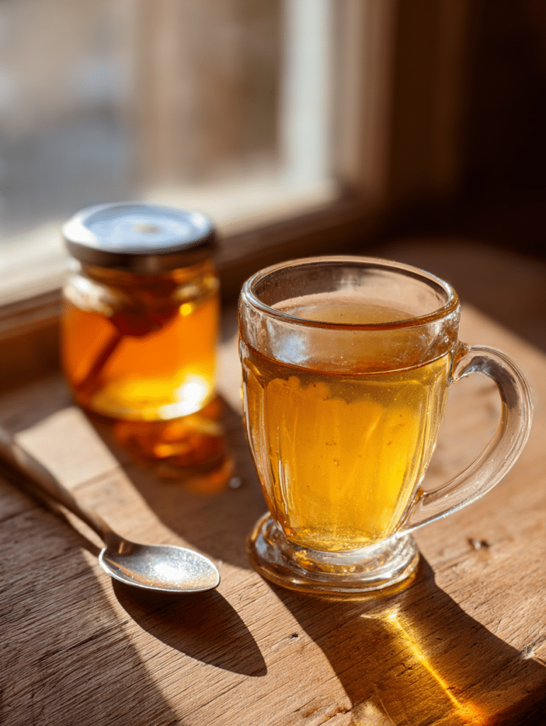 Dr William Li honey recipe warm drink in a glass with natural light and simple kitchen setup