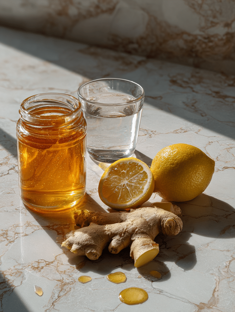 Dr William Li honey recipe ingredients including honey lemon ginger and warm water on a natural surface
