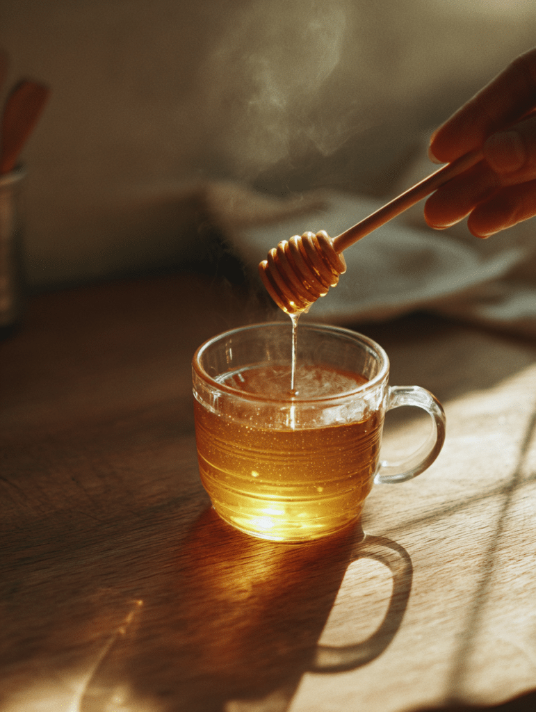 Dr William Li honey recipe step showing honey being stirred into warm water in a glass