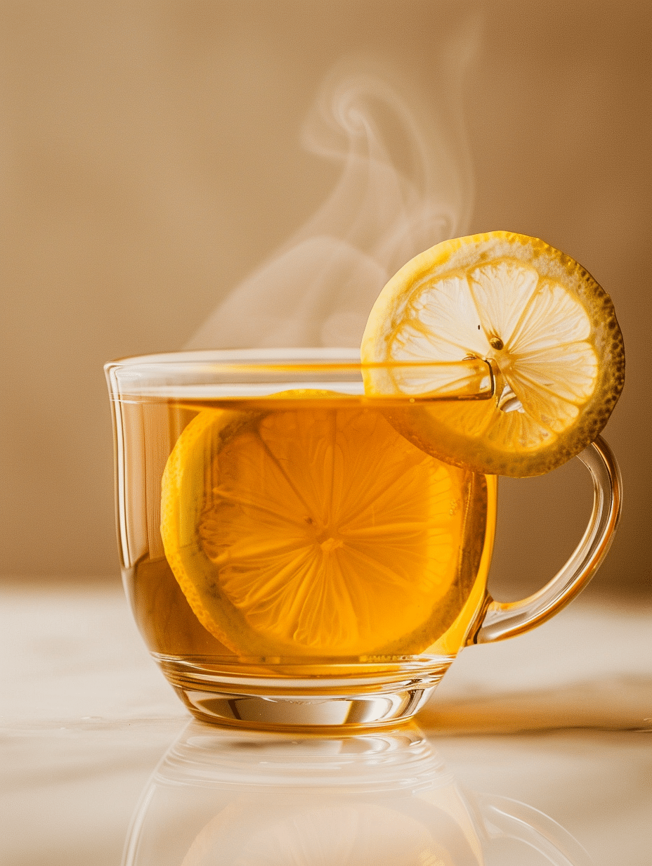 hot lemon tea in glass cup with steam and lemon slice