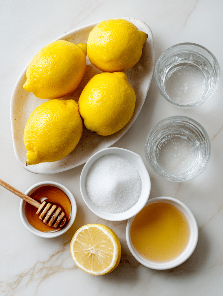 ingredients for fresh lemonade recipe lemons sugar water honey