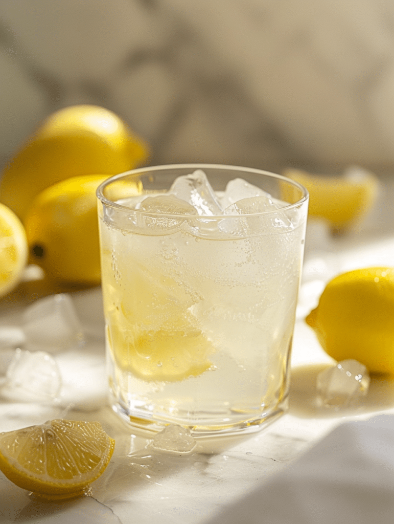 fresh lemonade in glass with ice and lemon slices