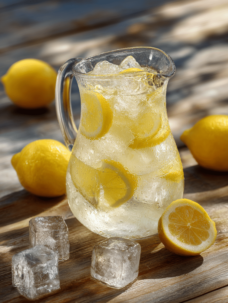 fresh lemonade recipe in glass pitcher with ice and lemon slices