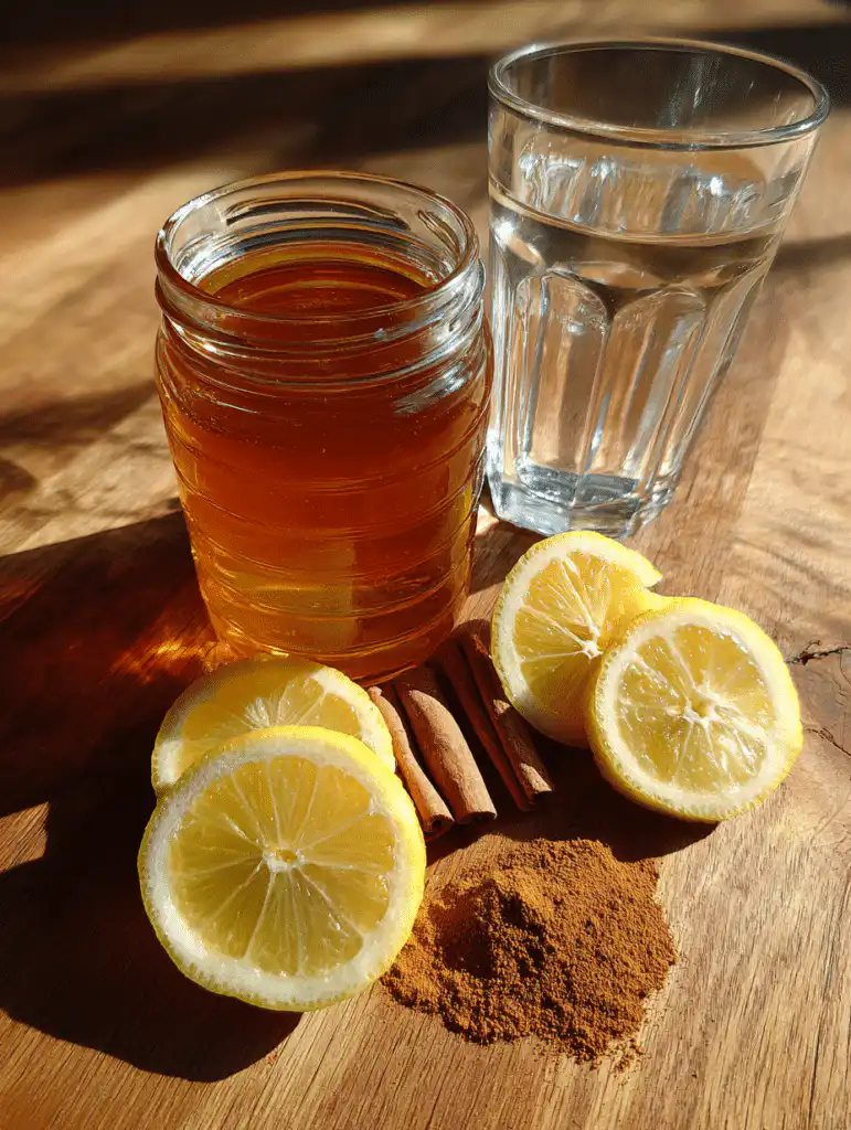 Honey trick recipe for memory loss ingredients including raw honey cinnamon lemon and warm water on a clean surface