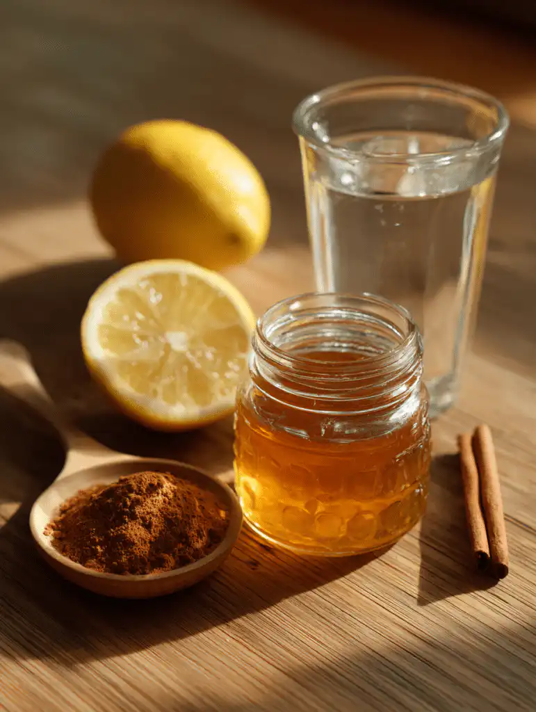 Honey trick recipe ingredients including raw honey lemon cinnamon and warm water arranged on a wooden surface
