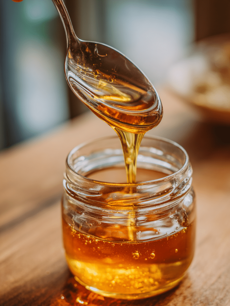Honey trick recipe step pouring raw honey into warm water and stirring gently in a glass