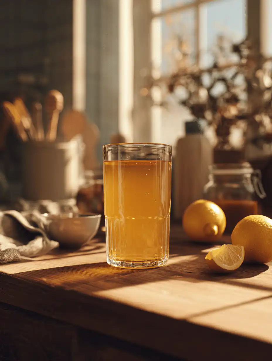Honey trick recipe warm drink in a glass with lemon and raw honey on a wooden table in soft morning light